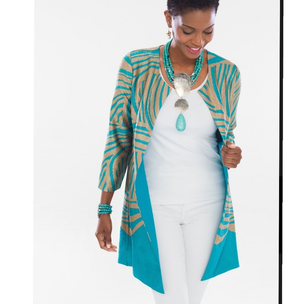 Chicos Travelers Turquoise & Gold Crushed Zebra Open Reversible Cardigan